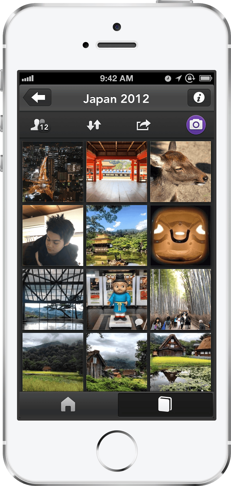 An iPhone displaying an app with a grid of 12 photos in a shared album. The user interface is dark and the photos look vibrant. A purple camera button to add more photos can be seen on a toolbar.